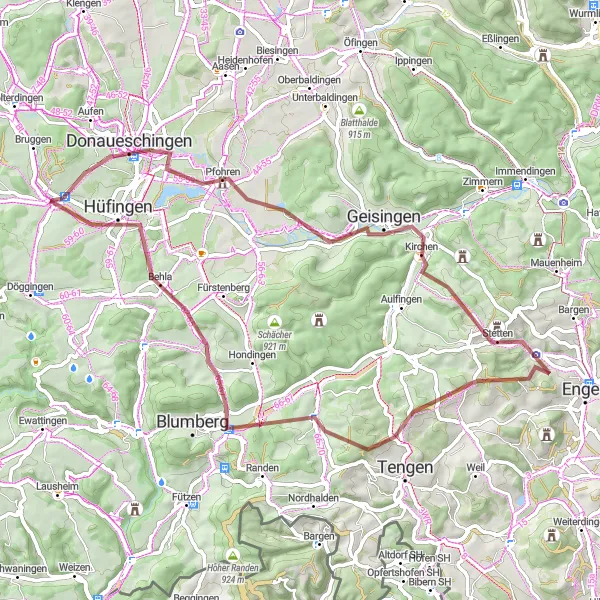 Map miniature of "The Donaueschingen Loop" cycling inspiration in Freiburg, Germany. Generated by Tarmacs.app cycling route planner