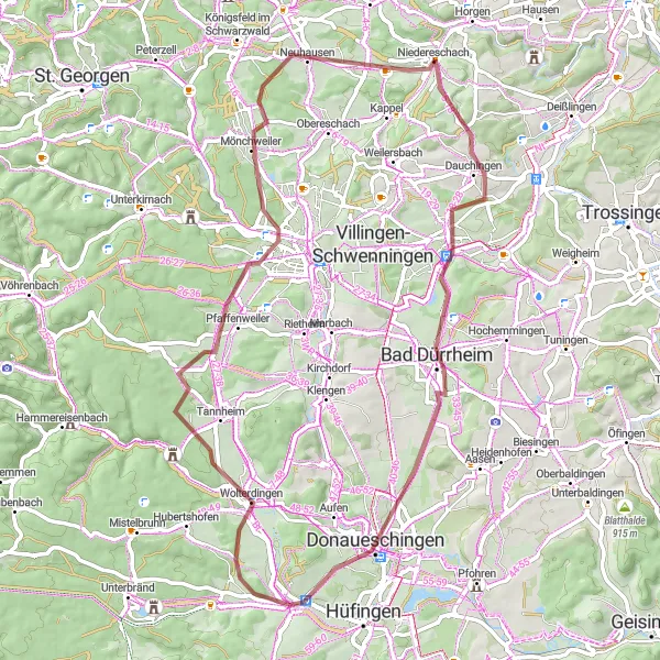 Map miniature of "Gravel Adventure: Triberg & Mönchweiler Loop" cycling inspiration in Freiburg, Germany. Generated by Tarmacs.app cycling route planner