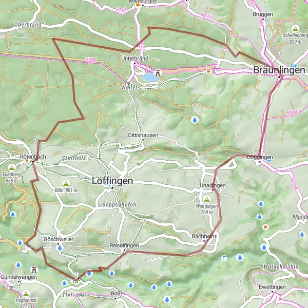 Map miniature of "Black Forest Gravel Exploration: Bräunlingen to Triberg" cycling inspiration in Freiburg, Germany. Generated by Tarmacs.app cycling route planner