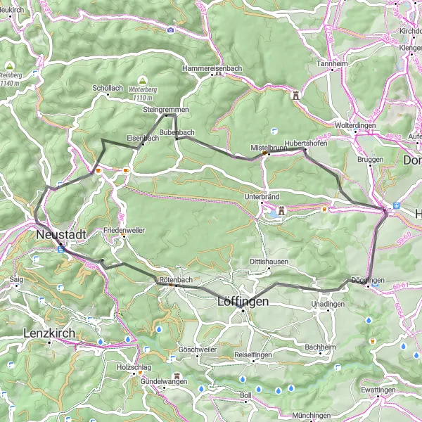 Map miniature of "Classic Road Ride: Bräunlingen to Triberg" cycling inspiration in Freiburg, Germany. Generated by Tarmacs.app cycling route planner