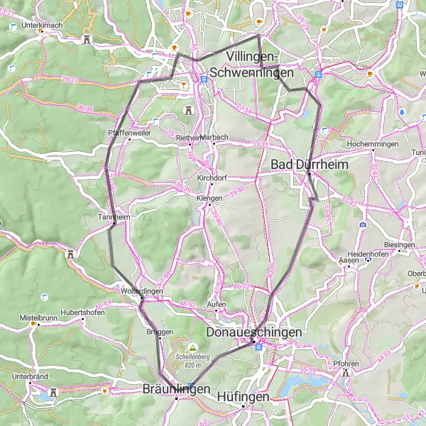 Karten-Miniaturansicht der Radinspiration "Radtour um Bräunlingen über Triberg und Villingen-Schwenningen" in Freiburg, Germany. Erstellt vom Tarmacs.app-Routenplaner für Radtouren
