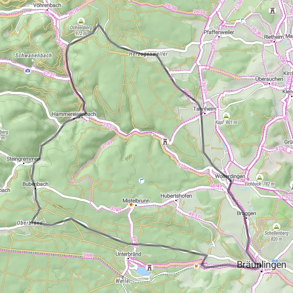 Karten-Miniaturansicht der Radinspiration "Kultur und Natur entdecken: Von Bräunlingen nach Wolterdingen" in Freiburg, Germany. Erstellt vom Tarmacs.app-Routenplaner für Radtouren