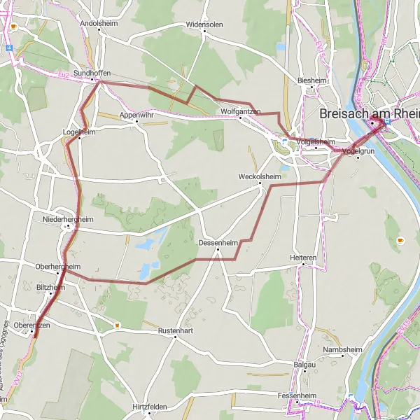 Map miniature of "Vineyards and Villages" cycling inspiration in Freiburg, Germany. Generated by Tarmacs.app cycling route planner