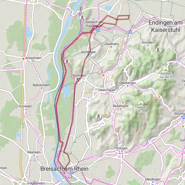 Map miniature of "Scenic Gravel Ride to Burkheim Castle" cycling inspiration in Freiburg, Germany. Generated by Tarmacs.app cycling route planner