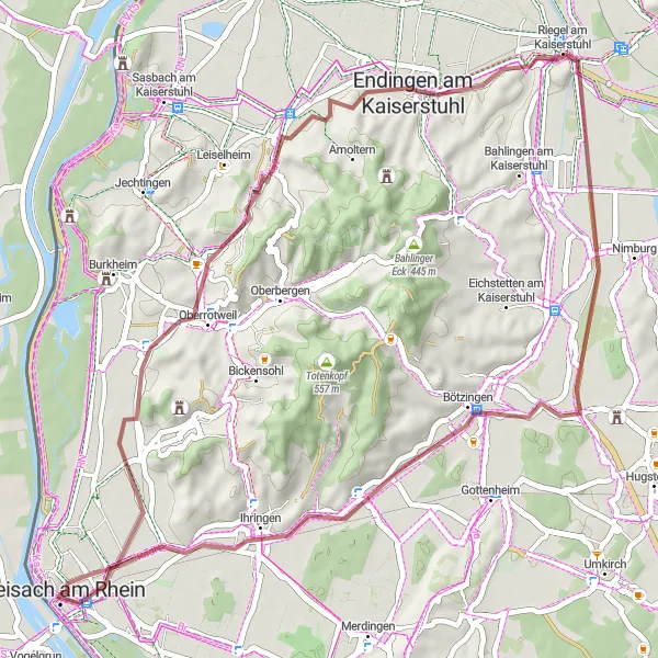 Map miniature of "Kaiserstuhl Gravel Adventure" cycling inspiration in Freiburg, Germany. Generated by Tarmacs.app cycling route planner