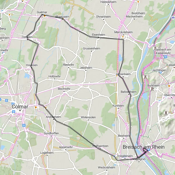 Map miniature of "Experience Historic Towns on the Road" cycling inspiration in Freiburg, Germany. Generated by Tarmacs.app cycling route planner