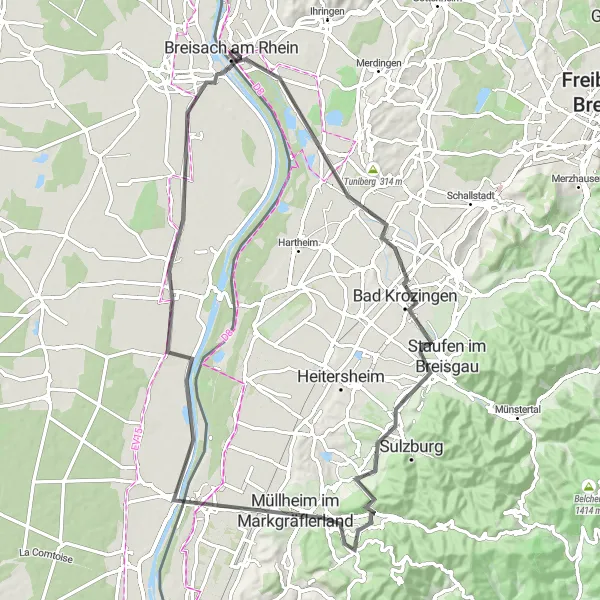 Karten-Miniaturansicht der Radinspiration "Panorama-Tour von Breisach nach Eckartsberg" in Freiburg, Germany. Erstellt vom Tarmacs.app-Routenplaner für Radtouren