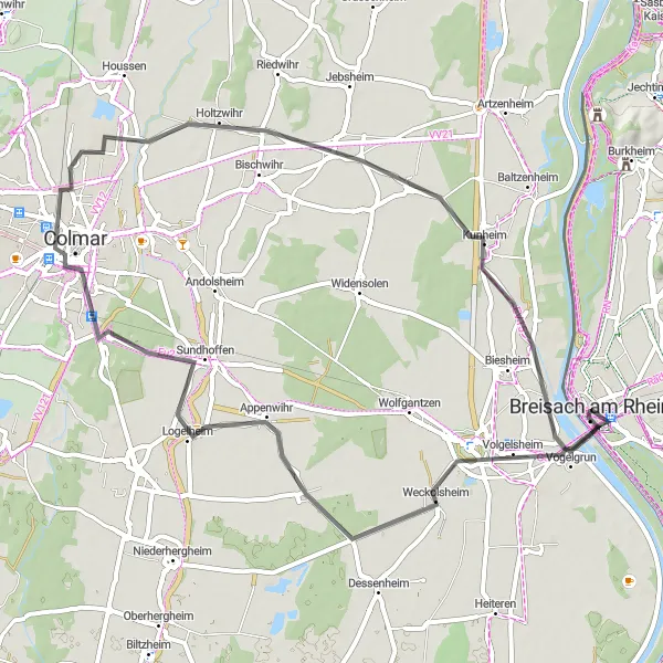 Map miniature of "Ride Along the Rhine River to Vogelgrun" cycling inspiration in Freiburg, Germany. Generated by Tarmacs.app cycling route planner