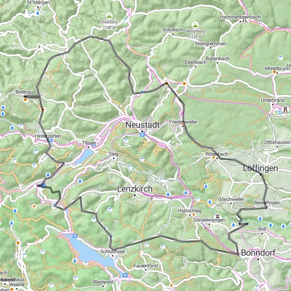 Map miniature of "The Bossenbühl Challenge" cycling inspiration in Freiburg, Germany. Generated by Tarmacs.app cycling route planner