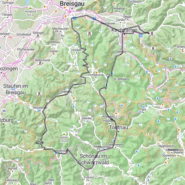 Karten-Miniaturansicht der Radinspiration "Schwarzwald-Rundtour nach Kirchzarten" in Freiburg, Germany. Erstellt vom Tarmacs.app-Routenplaner für Radtouren