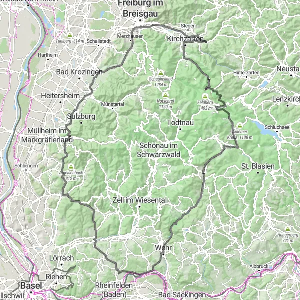 Map miniature of "The Kirchzarten Loop" cycling inspiration in Freiburg, Germany. Generated by Tarmacs.app cycling route planner