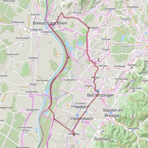 Karten-Miniaturansicht der Radinspiration "Gravel-Abenteuer durch Breisach und Eschbach" in Freiburg, Germany. Erstellt vom Tarmacs.app-Routenplaner für Radtouren