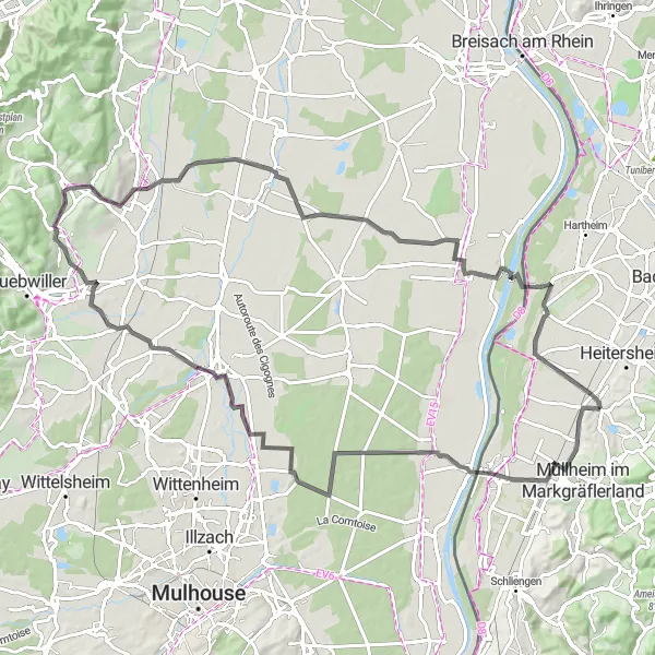 Map miniature of "The Around Rouffach" cycling inspiration in Freiburg, Germany. Generated by Tarmacs.app cycling route planner