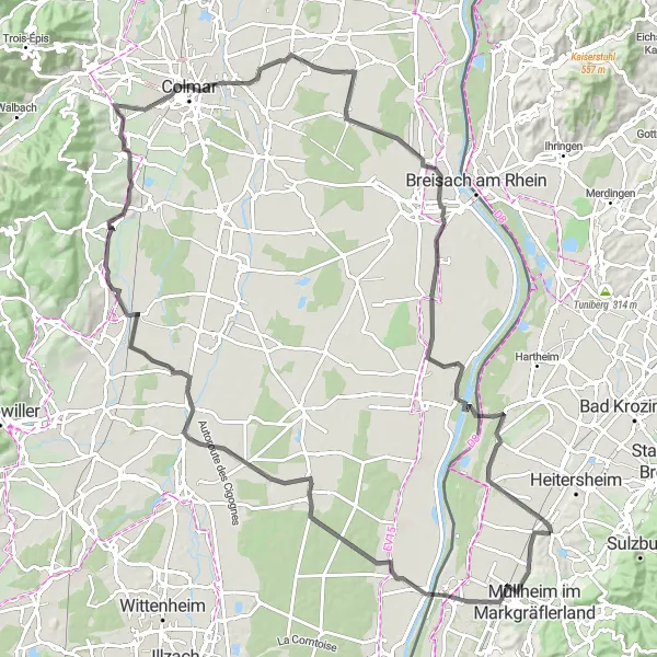 Karten-Miniaturansicht der Radinspiration "Rundtour über Bertholdturm, Hattstatt und Grißheim" in Freiburg, Germany. Erstellt vom Tarmacs.app-Routenplaner für Radtouren