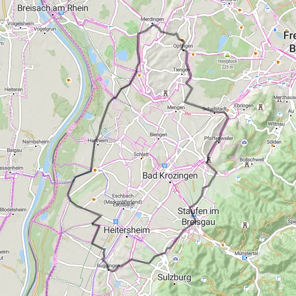 Map miniature of "The Hills Roadventure" cycling inspiration in Freiburg, Germany. Generated by Tarmacs.app cycling route planner