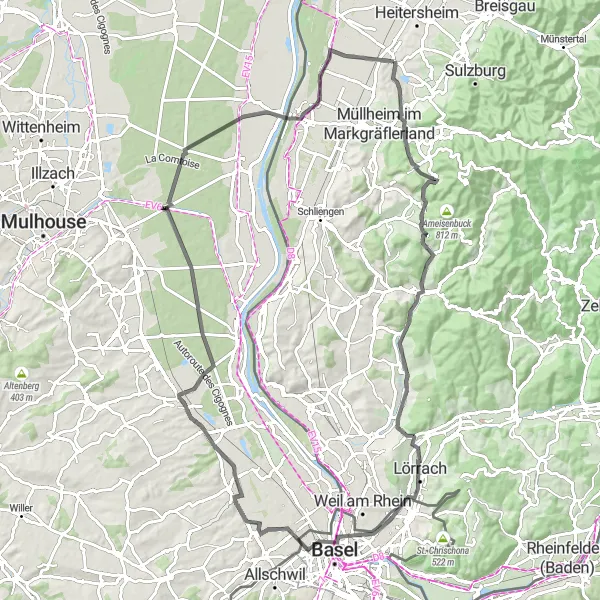 Karten-Miniaturansicht der Radinspiration "Panorama-Tour durch Bourgfelden und Bivouac" in Freiburg, Germany. Erstellt vom Tarmacs.app-Routenplaner für Radtouren