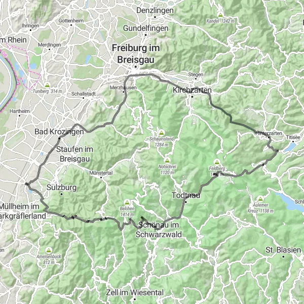 Map miniature of "The Mountain Challenge" cycling inspiration in Freiburg, Germany. Generated by Tarmacs.app cycling route planner