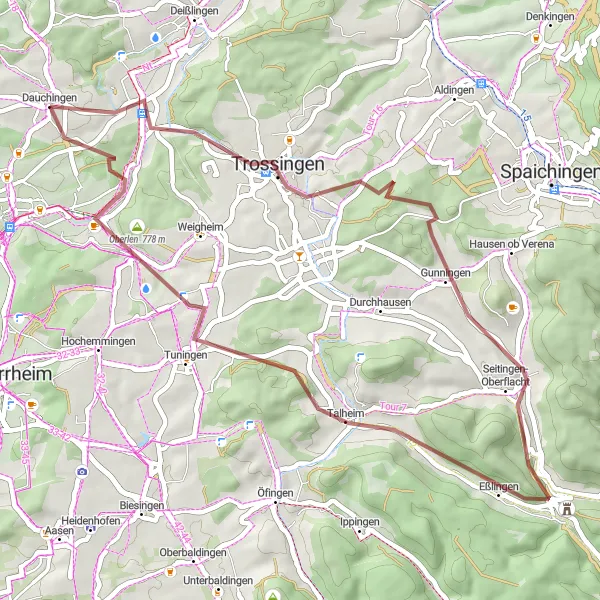 Map miniature of "Dauchingen to Seitingen-Oberflacht Loop" cycling inspiration in Freiburg, Germany. Generated by Tarmacs.app cycling route planner