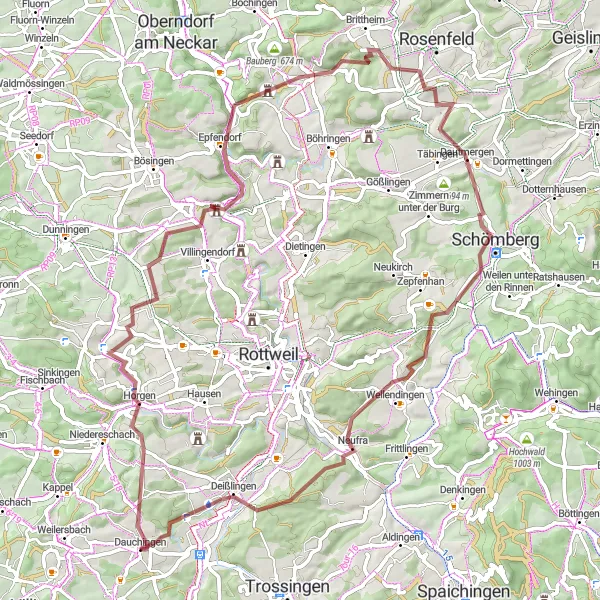 Map miniature of "Dauchingen to Deißlingen via Flözlingen" cycling inspiration in Freiburg, Germany. Generated by Tarmacs.app cycling route planner