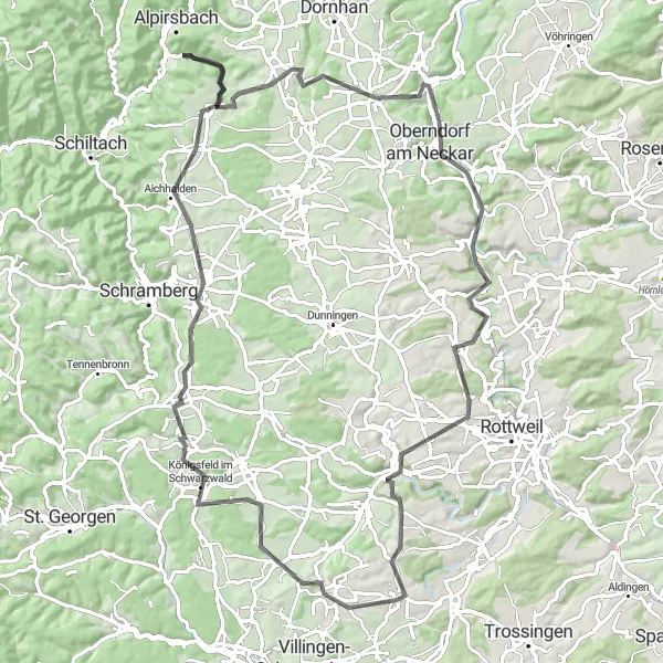 Map miniature of "Dauchingen to Zimmern ob Rottweil Scenic Route" cycling inspiration in Freiburg, Germany. Generated by Tarmacs.app cycling route planner