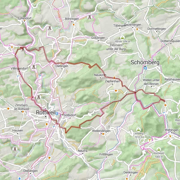 Map miniature of "Hidden Gem Gravel Ride" cycling inspiration in Freiburg, Germany. Generated by Tarmacs.app cycling route planner