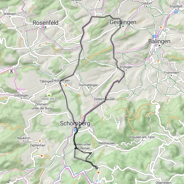 Map miniature of "Rural Road Adventure" cycling inspiration in Freiburg, Germany. Generated by Tarmacs.app cycling route planner