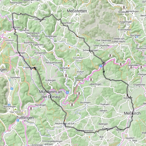 Map miniature of "Deilingen Hill Challenge" cycling inspiration in Freiburg, Germany. Generated by Tarmacs.app cycling route planner