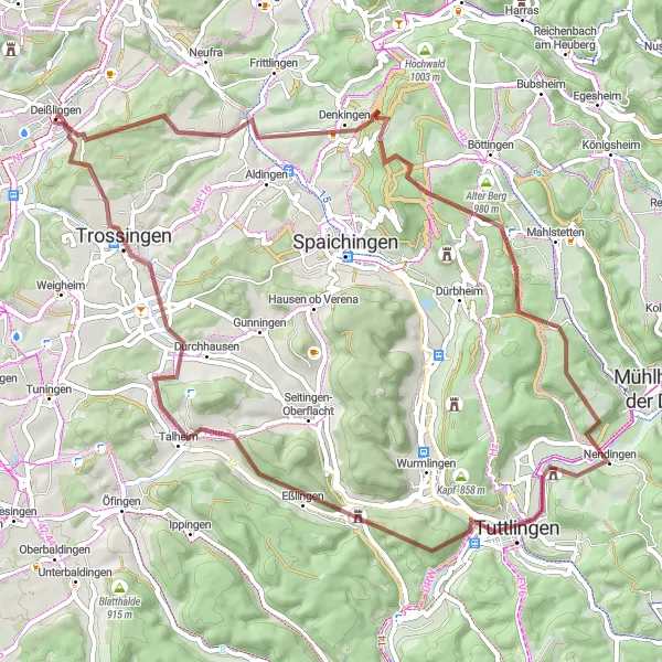 Map miniature of "The Gravel Adventure to Trossingen" cycling inspiration in Freiburg, Germany. Generated by Tarmacs.app cycling route planner