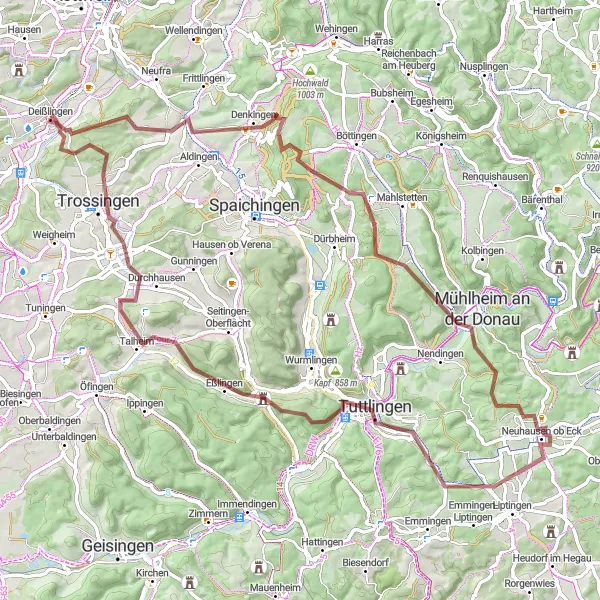 Map miniature of "The Hilly Gravel Ride to Tuttlingen" cycling inspiration in Freiburg, Germany. Generated by Tarmacs.app cycling route planner