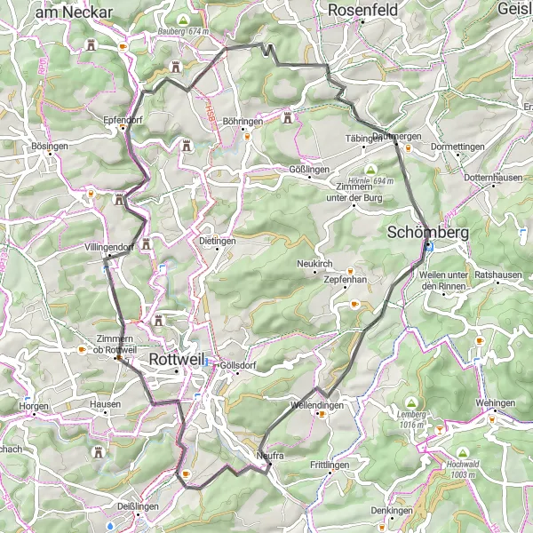 Map miniature of "The Scenic Road Cycling Tour to Trossingen" cycling inspiration in Freiburg, Germany. Generated by Tarmacs.app cycling route planner