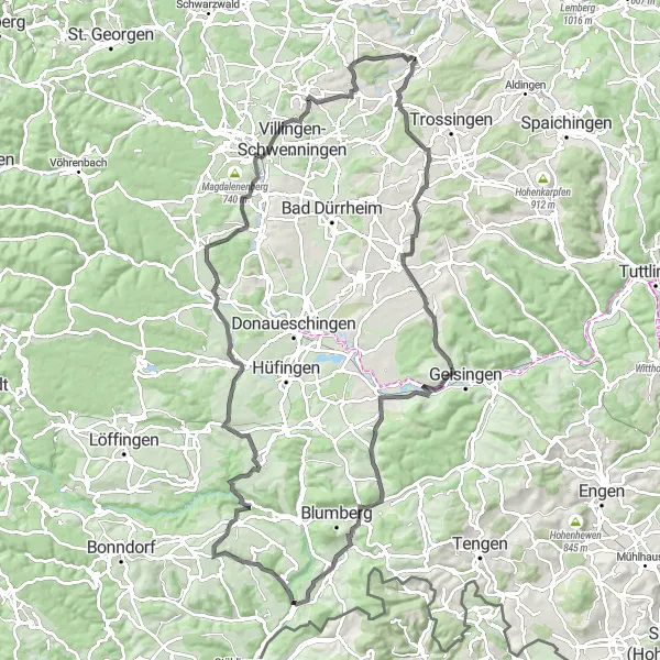 Map miniature of "The Wutach-Danube Challenge" cycling inspiration in Freiburg, Germany. Generated by Tarmacs.app cycling route planner