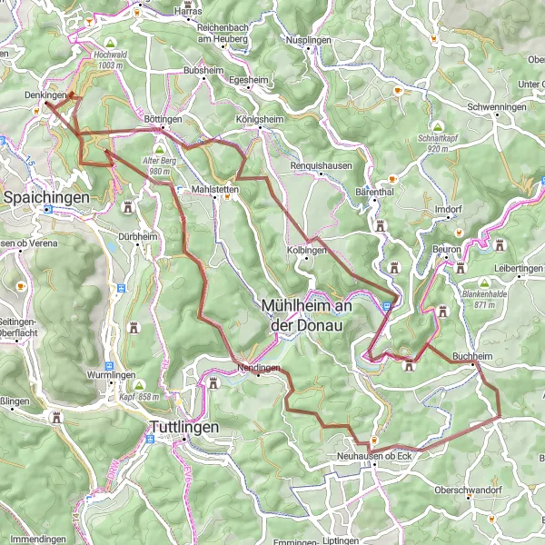 Map miniature of "Gravel Adventure to Denkingen" cycling inspiration in Freiburg, Germany. Generated by Tarmacs.app cycling route planner