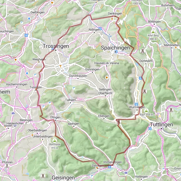 Karten-Miniaturansicht der Radinspiration "Gravelroute um Denkingen erkunden" in Freiburg, Germany. Erstellt vom Tarmacs.app-Routenplaner für Radtouren
