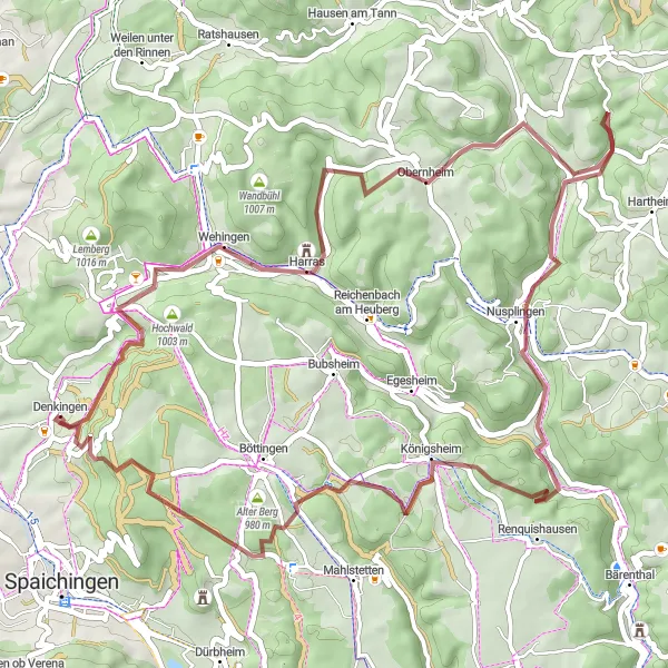Map miniature of "Gravel Adventure near Denkingen" cycling inspiration in Freiburg, Germany. Generated by Tarmacs.app cycling route planner