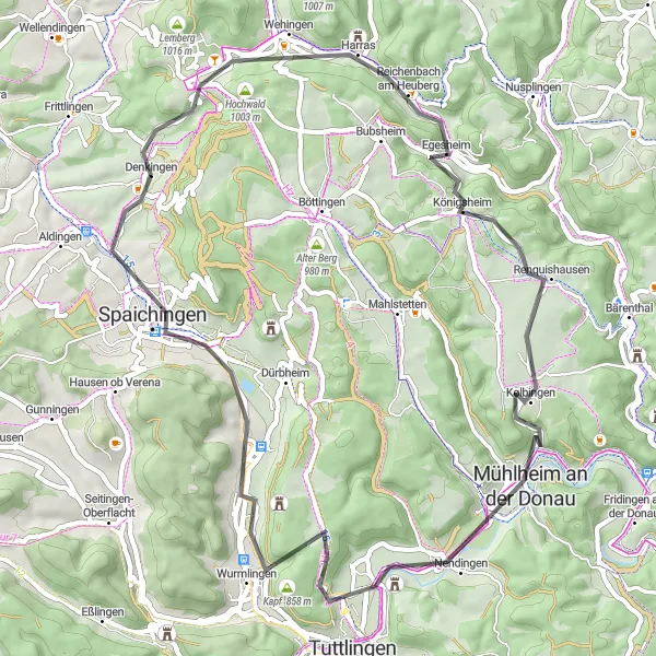 Map miniature of "Denkingen and Surrounding Countryside" cycling inspiration in Freiburg, Germany. Generated by Tarmacs.app cycling route planner