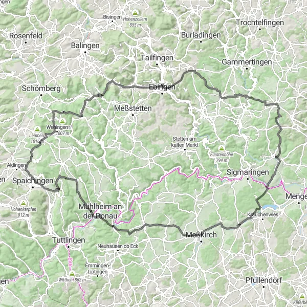 Map miniature of "Denkingen Round-Trip" cycling inspiration in Freiburg, Germany. Generated by Tarmacs.app cycling route planner