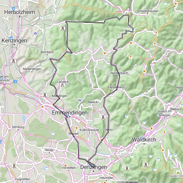 Karten-Miniaturansicht der Radinspiration "Radtour durch Emmendingen und Reichenbach" in Freiburg, Germany. Erstellt vom Tarmacs.app-Routenplaner für Radtouren