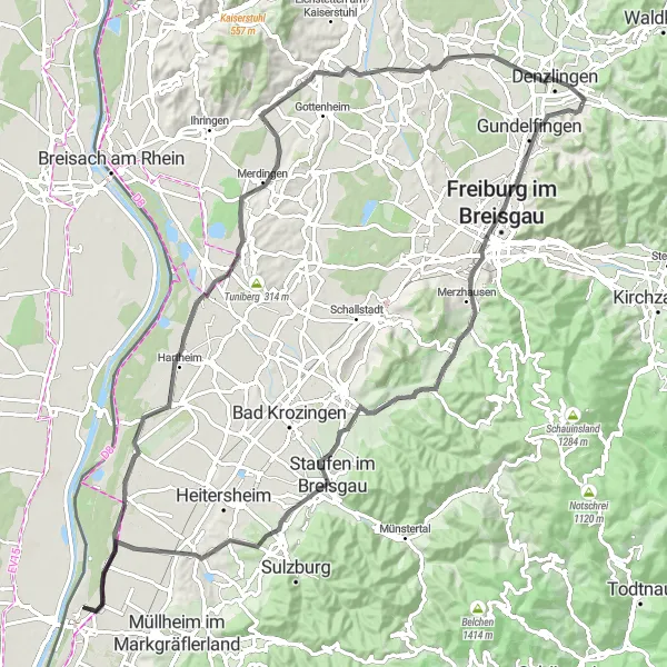 Karten-Miniaturansicht der Radinspiration "Rund um Denzlingen und Lorettoberg" in Freiburg, Germany. Erstellt vom Tarmacs.app-Routenplaner für Radtouren