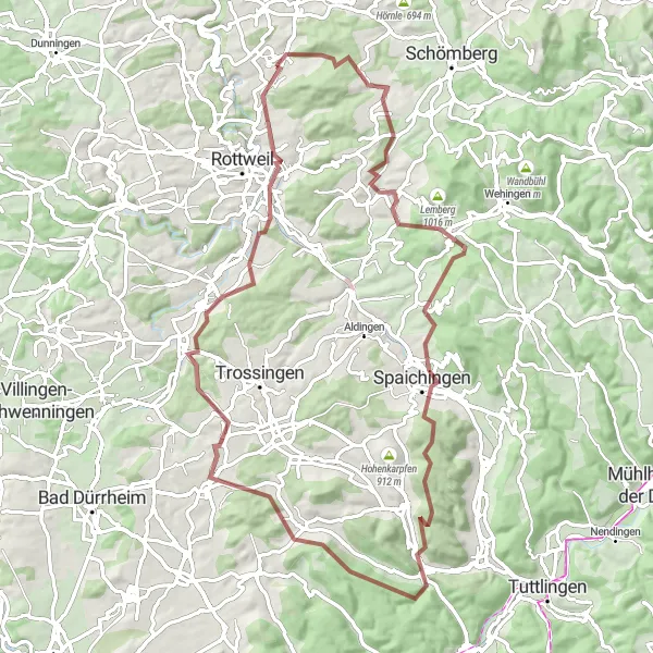 Map miniature of "The Hinterland Gravel Adventure" cycling inspiration in Freiburg, Germany. Generated by Tarmacs.app cycling route planner