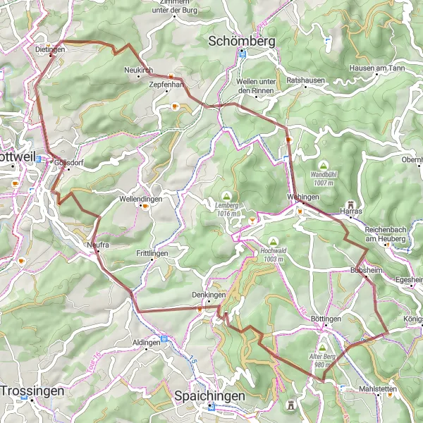 Map miniature of "Denkingen Adventure Ride" cycling inspiration in Freiburg, Germany. Generated by Tarmacs.app cycling route planner