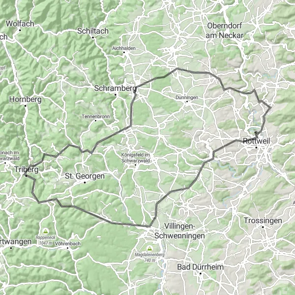 Map miniature of "The Road to Rottweil" cycling inspiration in Freiburg, Germany. Generated by Tarmacs.app cycling route planner