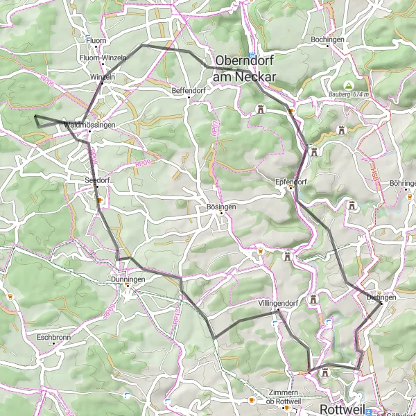 Map miniature of "Scenic Journey to Villingendorf" cycling inspiration in Freiburg, Germany. Generated by Tarmacs.app cycling route planner