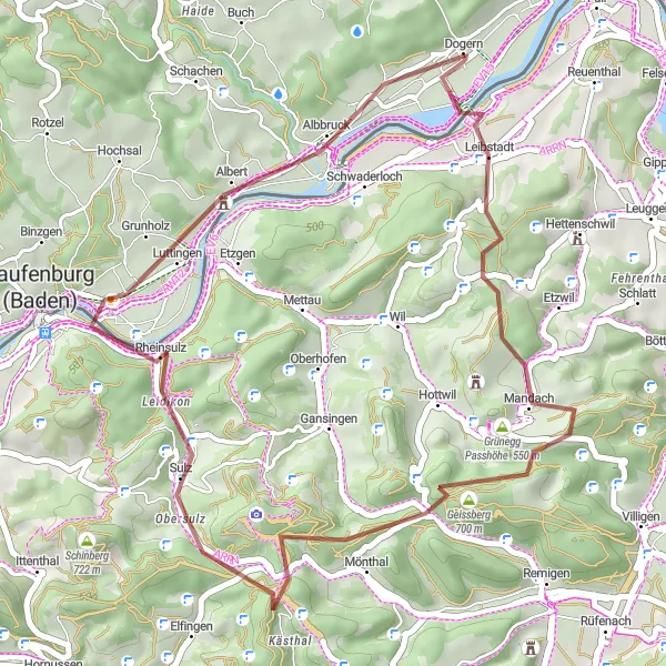 Karten-Miniaturansicht der Radinspiration "Gravel-Tour durch Mandach und Mönthal" in Freiburg, Germany. Erstellt vom Tarmacs.app-Routenplaner für Radtouren