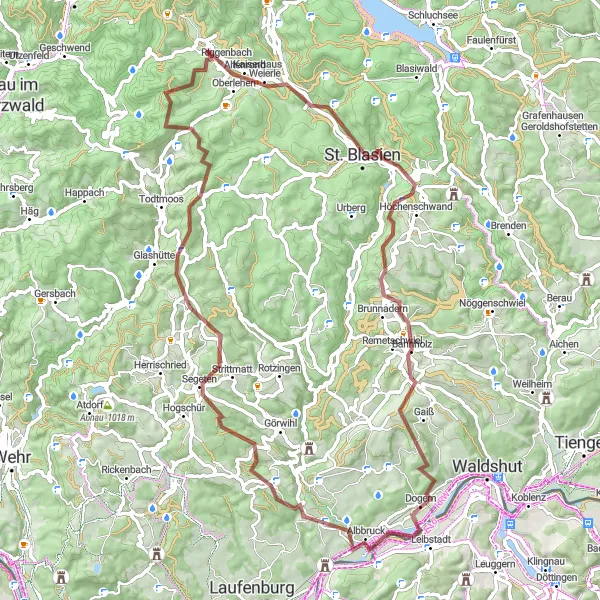 Map miniature of "Gravel Adventure and Mountain Vistas" cycling inspiration in Freiburg, Germany. Generated by Tarmacs.app cycling route planner