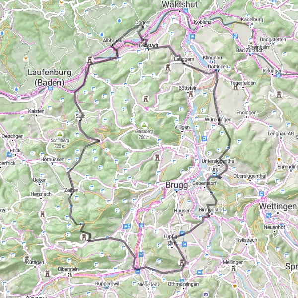 Map miniature of "Rural Roads and Stunning Villages" cycling inspiration in Freiburg, Germany. Generated by Tarmacs.app cycling route planner
