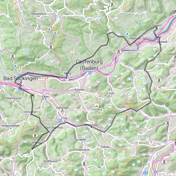 Map miniature of "Frick Valley Loop" cycling inspiration in Freiburg, Germany. Generated by Tarmacs.app cycling route planner