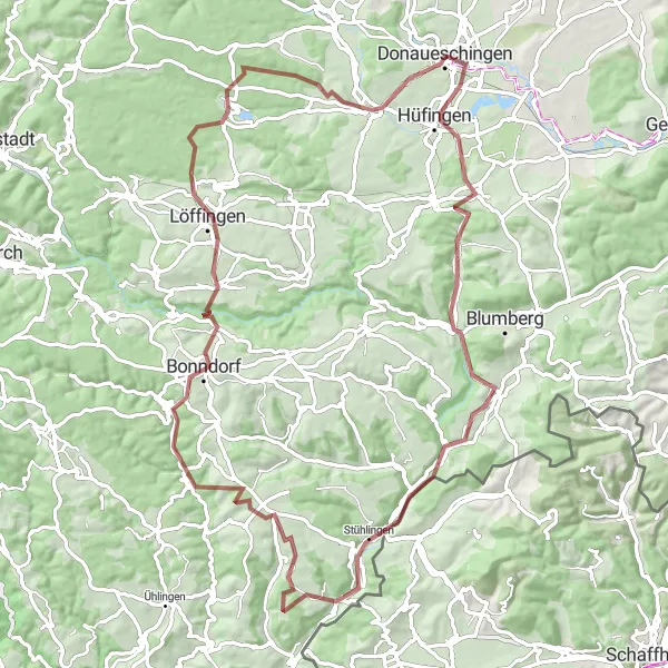 Karten-Miniaturansicht der Radinspiration "Gravel Tour Donaueschingen - Bonndorf - Bräunlingen" in Freiburg, Germany. Erstellt vom Tarmacs.app-Routenplaner für Radtouren