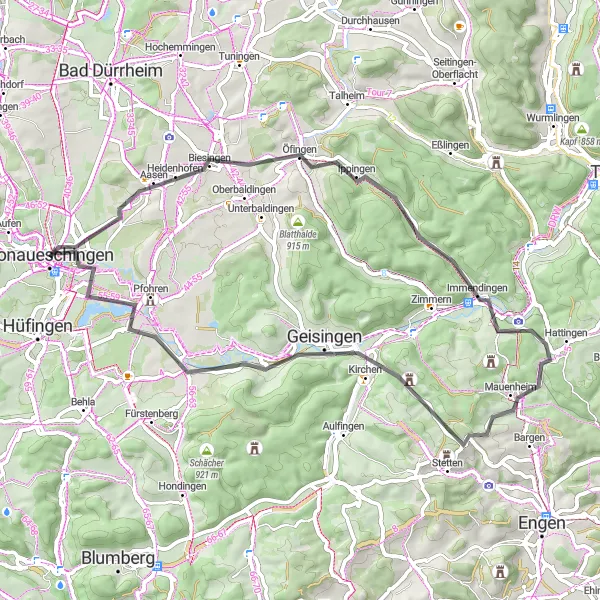 Map miniature of "Countryside Road Tour" cycling inspiration in Freiburg, Germany. Generated by Tarmacs.app cycling route planner
