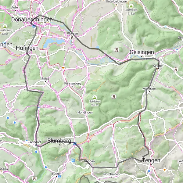 Map miniature of "Donaueschingen and Surroundings" cycling inspiration in Freiburg, Germany. Generated by Tarmacs.app cycling route planner