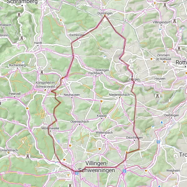 Karten-Miniaturansicht der Radinspiration "Graveltour von Dunningen nach Villingen-Schwenningen" in Freiburg, Germany. Erstellt vom Tarmacs.app-Routenplaner für Radtouren